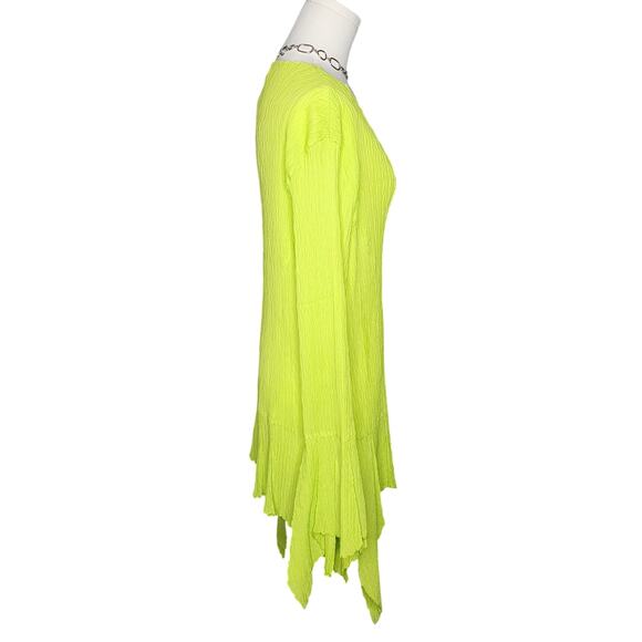Vtg 90s Y2k Dress U Asymmetric Bright Neon Green Crinkly Bell Sleeve Long Top XL - Picture 2 of 8